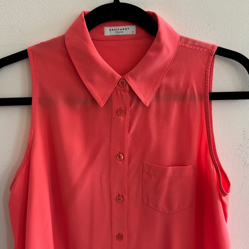 Equipment Sleeveless Silk Button-Down Tie Front Top - Coral - Picture 2 of 5